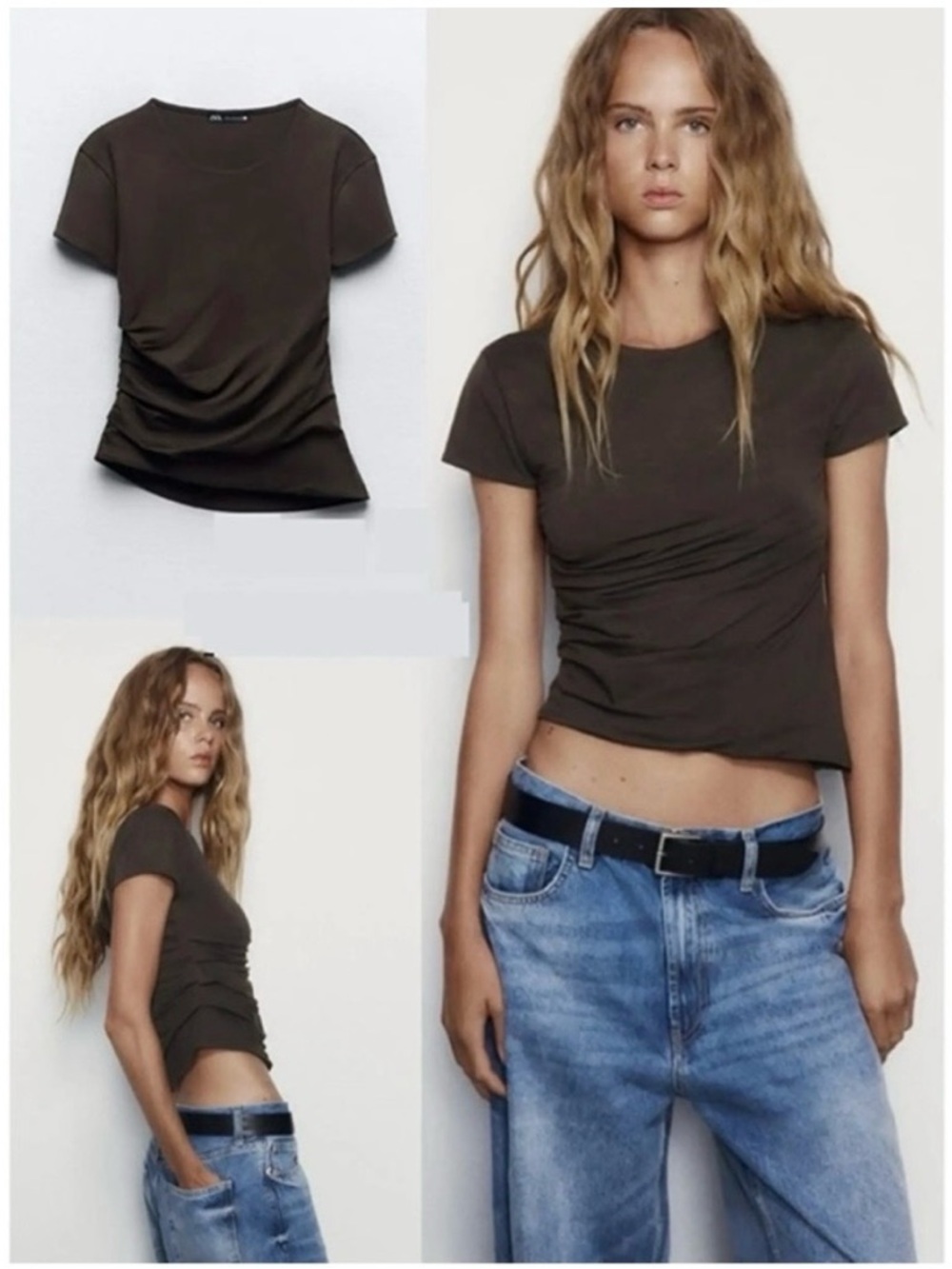 ZARA BROWN RUCHED T-SHIRT